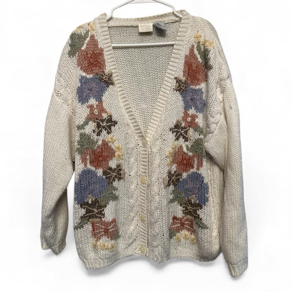 Vintage 80’s/90’s Needles & Yarn Floral Knit Cardigan w/ Shoulder Pads Size L